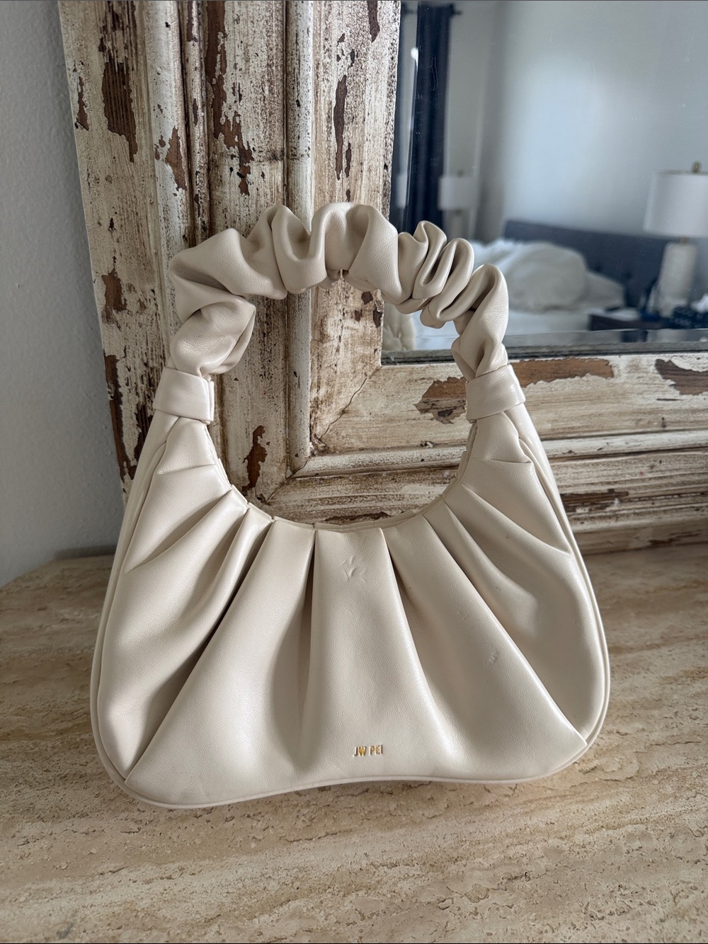 JW PEI Cream Ruched Shoulder Bag with Pleated Silhouette